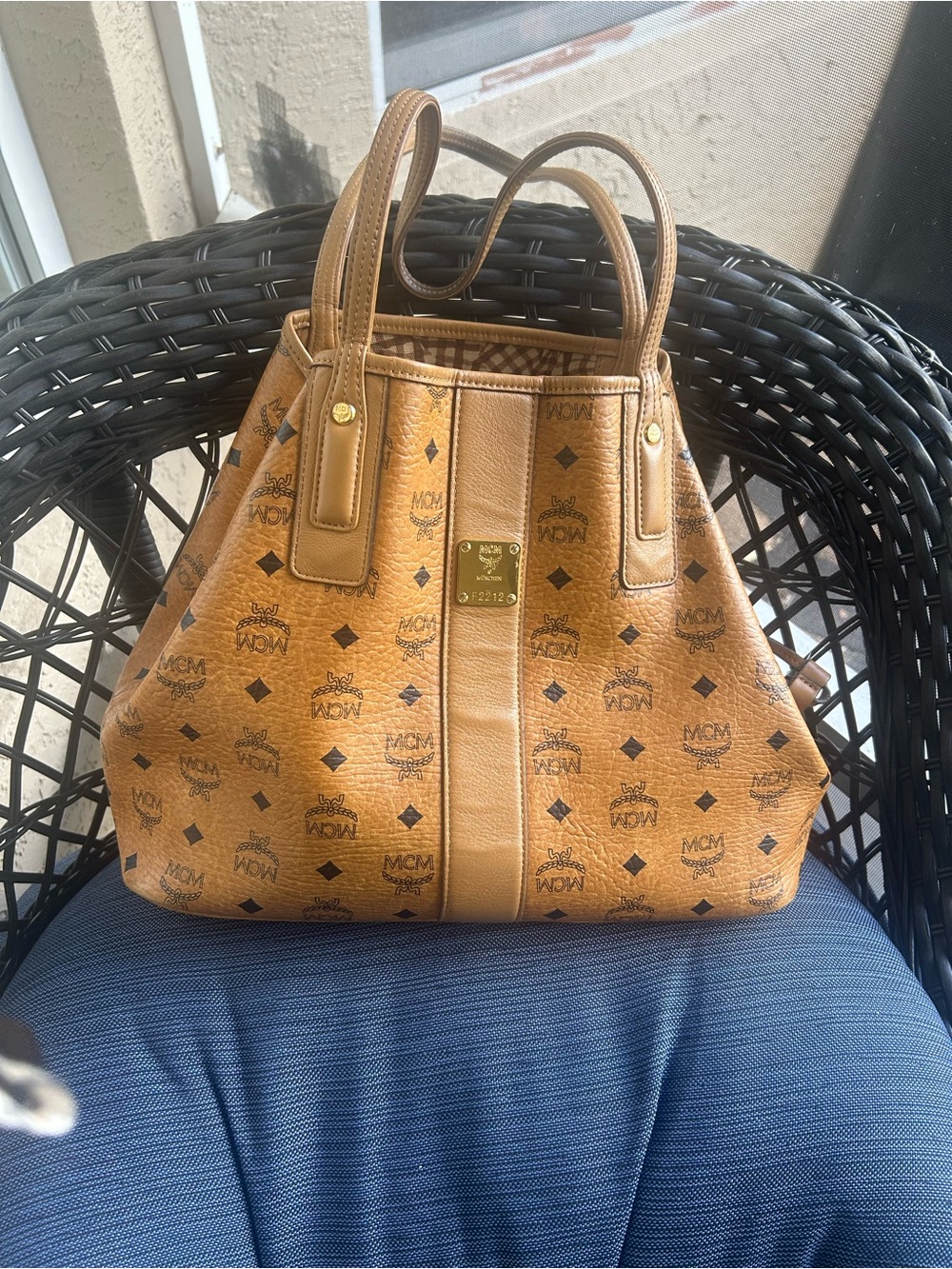 MCM Cognac Visetos Tote with Gold Plaque
